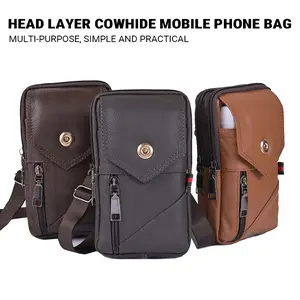 Genuine Cowhide Leather Phone Waist Bag with Belt - Hands-Free Belt-Mounted Holster for Outdoor, Construction, Hiking & Daily Activities