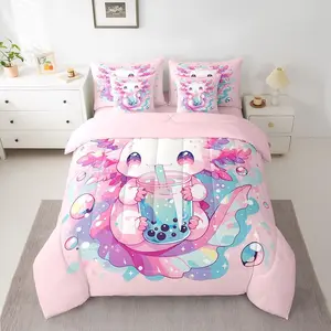 Feelyou 7-Piece Kawaii Bedding Set - Axolotl Salamander Pattern Comforter, Sweet Dessert Milk Tea Sheets, Ocean Beach Coastal Flat Sheet, Soft Fluffy Blanket