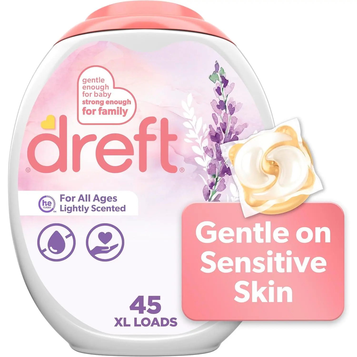 Dreft XL Laundry Detergent Pods - 45 Count (Pack of 1), Light Scents Lavender, Hypoallergenic, Dermatologist Tested, Dye Free, Gentle Care for Baby, Family Safe, 45XL Loads