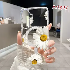 Magnetic Phone Case for Samsung Galaxy S26 Edge S23 Ultra S24 Plus FE S25 S22+ Daisy Delight Dream Pattern Non-Yellowing Shockproof Soft Silicone Transparent Acrylic Large Hole Cover Supports Wireless Charging