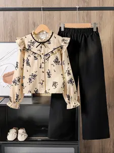 Girls Floral Print Bubble Long Sleeve Top & Elastic Waist Pants Set, Casual Fitted Woven Fabric for Fall Season, Casual Outfit Set