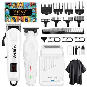 Professional hairdressing pure white three-piece set: LED digital display professional hair clipper, professional beard trimmer, and professional razor to solve haircut difficulties at home