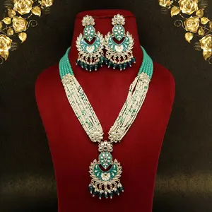 Long Kundan Stones Meenakari Retro-Style Beaded Necklace with Earrings Intricate Work and Versatile Length for Layering