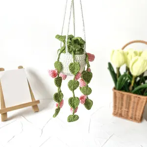 1pc Cute Handwoven Artisanal Touch Potted Succulent Plants for Home Hanging Ornament, Hangable Beautiful Crochet Pink Flowers Plant Charms for Holiday Lucky Ornament Desktop Wall Decor Auto Interior Decoration, Car Interior Decoration