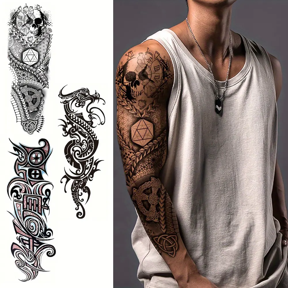3pcs Edgy Arm Sleeve Tattoos: Skulls, Dragons & Time. Waterproof & Long-Lasting. Perfect Festival Fit! Arm Temporary Tattoos