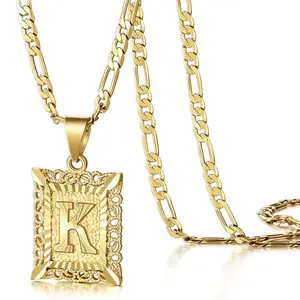 KissYan  Initial Necklace for men and Women, 14K Gold Plated Square Letter Pendant Charm Necklace Cuban Chain Capital Alphabets from A-Z Jewelry