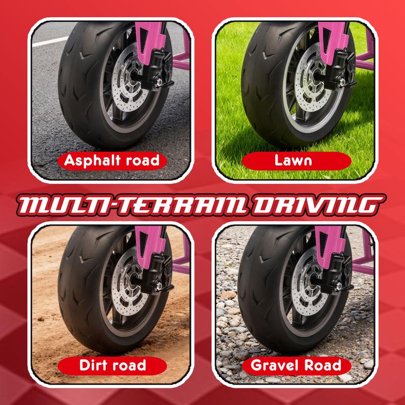 Treaded Fun Nook,24V XL Electric Ride-On Motorcycle for Kids 6+, Electric Mini Kids Dirt Bike, 300W High-Speed Motor, Dual Suspension, 14in EVA Wheels, Twist Throttle, Music & Lights