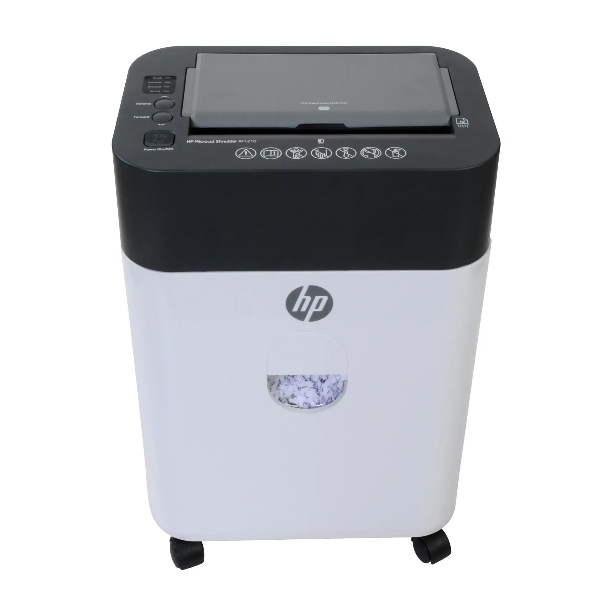 HP 100Sheet Auto Feed MicroCut Shredder - Paper and Credit Cards, 0.86hp Motor, 4.5Gallon Basket, Caster Wheels