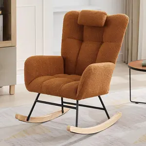 Garvee Rocking Chair Nursery, Teddy Upholstered Glider Rocker with High Backrest, Modern Rocking Accent Chair with Headrest, Comfy Armchair for Living Room, Bedroom, Offices, Pink