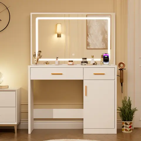 Sweetcrispy Multi-Drawer Vanity Desk with Lighted Mirror & Power Outlet, Lighted Makeup Vanity Bedroom Furniture for Girls
