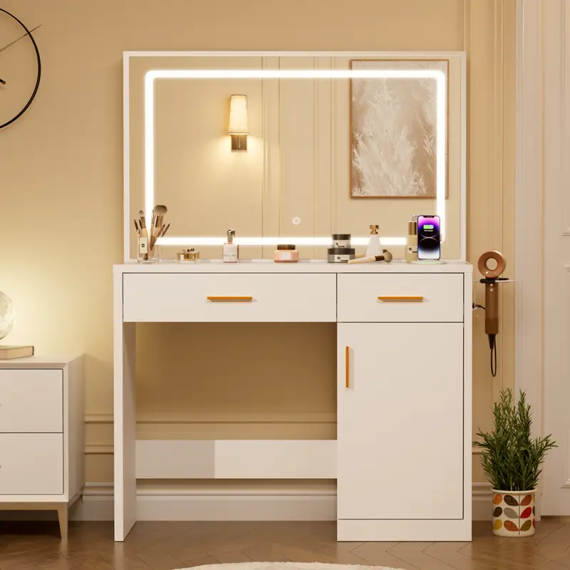 Sweetcrispy Multi-Drawer Vanity Desk with Lighted Mirror & Power Outlet, Lighted Makeup Vanity Bedroom Furniture for Girls