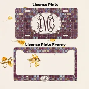 Purple Mosaic Monogram License Plateand Plate Frame Personalized Car Tag 12x6 Aluminum Custom Name Plate Aesthetic Car Accessories Luxury Tile Pattern Gift for Women