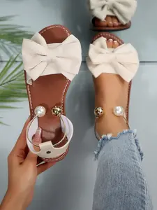 New Plus Size Women's Comfortable Simple Round Toe Open Toe Bow Decorated Metal Beads Flat Sandals Casual Fashion Outdoor Vacation Beach Summer Shoes Beaded Sandals