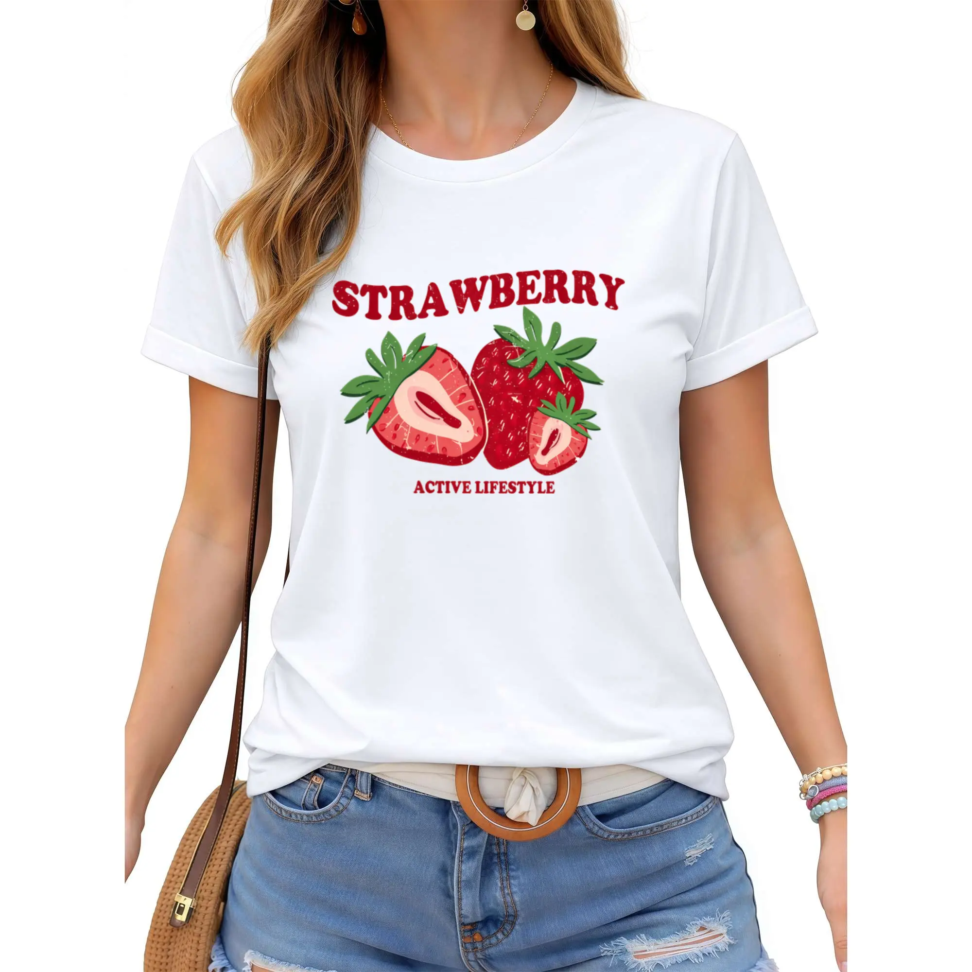 Women'S Strawberry Cartoon Pattern Print Casual Sports Round Neck Short Sleeve