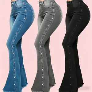 High Waisted Stretch Flare Jeans for Women, Button Side Bell Bottom Denim Pants, Floor Length Slimming Bootcut Trousers, Fashion Streetwear