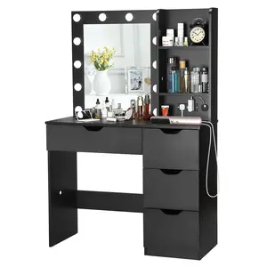 Vanity Desk with Mirror and Lights - Makeup Vanity Desk with 4 Drawers, Built-in Power Outlet & USB, Adjustable LED Lighting, Makeup Table for Bedroom