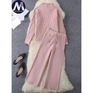 2024 Autumn/Winter 2-Piece Set, Women’s O-neck Knitted Sweater & Lace-up Wide Leg Pants