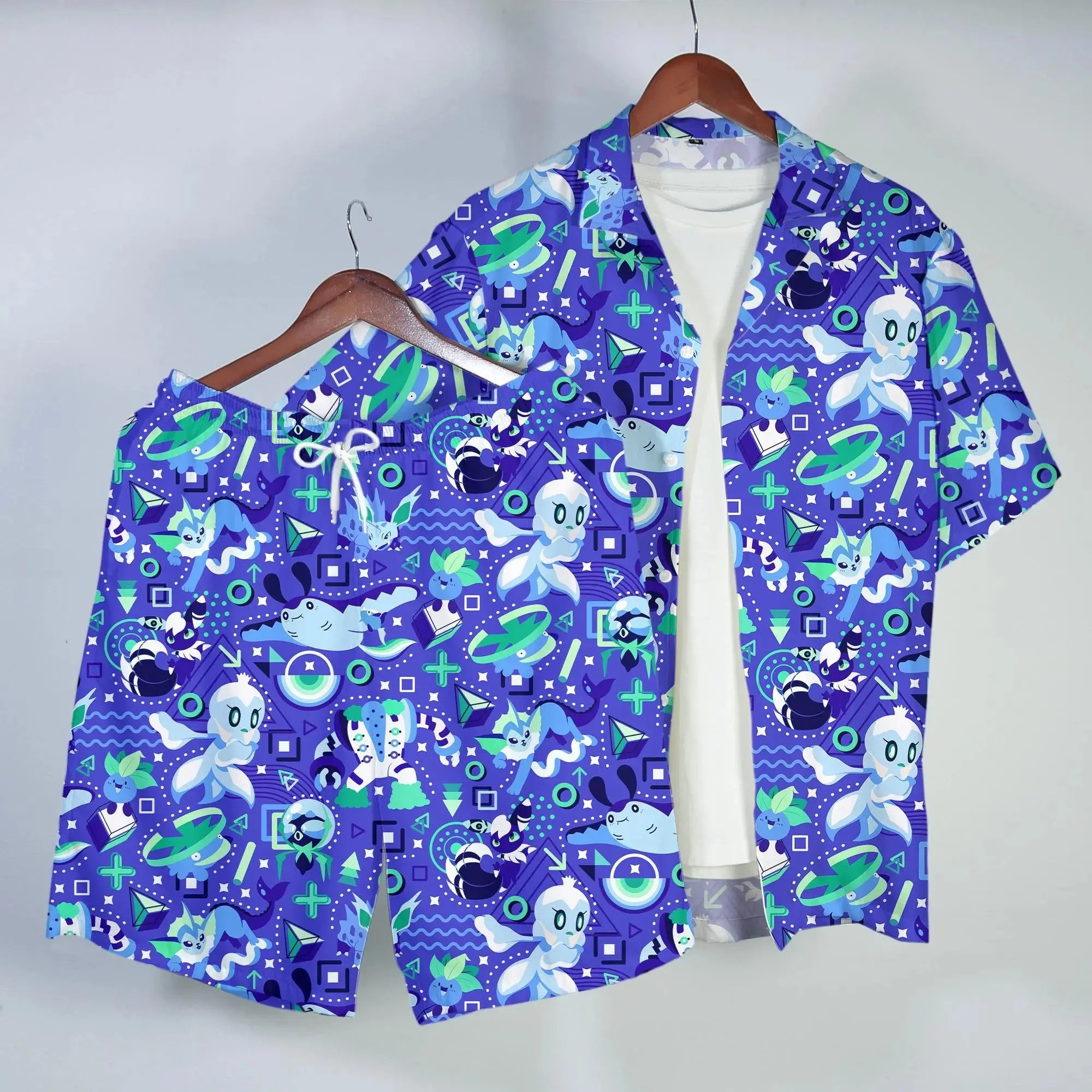Piplup Hawaiian Set Tropical Button Up Shirt Cute Summer Beach Short Blue Pattern Matching Set Unisex Outfit Piplup Shirt Gifts