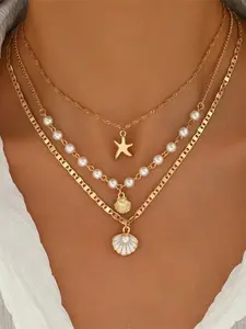 3 Pcs Bohemian Style Multicolor Imitation Pearl Necklaces, Shell Pendant, Beach Travel Party Gift, Women's Holiday Jewelry