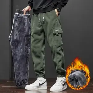 Ebb Supply Winter New Thickened Warm Men's Corduroy Cargo Pants Fleece Loose Streetwear Joggers Harem Pants Sweatpants Male Trousers Black