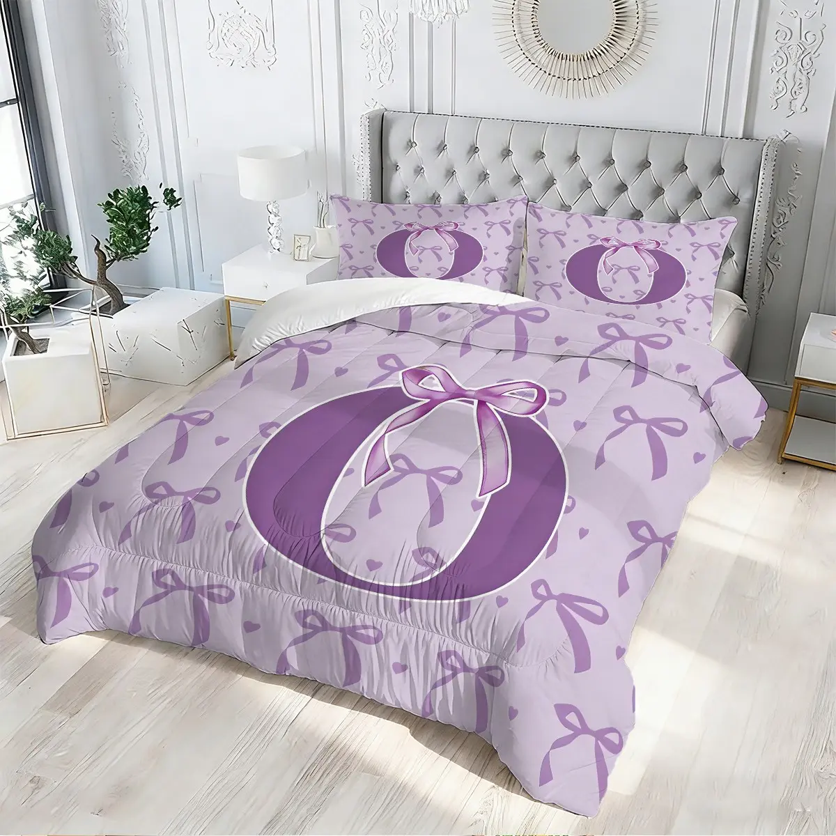 2/3Pcs Purple Bow and Letter Theme Quilted Comforter Set, Featuring A Gentle, Girlish Print, Thickened and Fluffy Quilt, Soft and Breathable, Suitable for All Seasons, Romantic Style, Warm Bedroom Bedding Set, Pillowcases Only (No Pillow Insert).