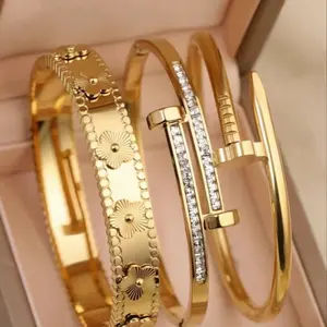 3pcs Fashionable 18k Gold-Plated StainlessSteel Bracelets, Women's Daily Wear, LuxuriousCubic Zirconia Wristbands, Wedding JewelrySets