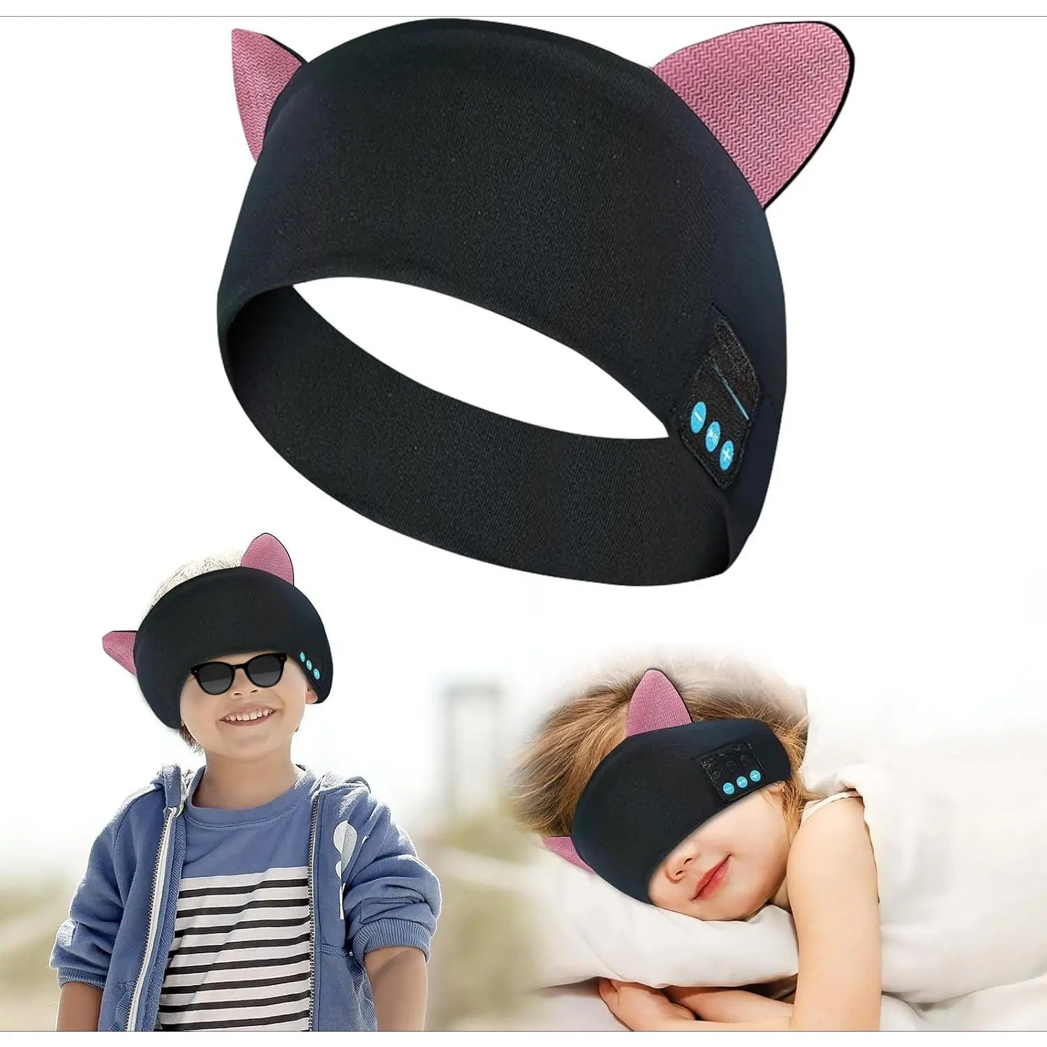 KF5-33 Kids Bluetooth Headband Headphones Sleep Mask Wireless Earphones Built in Thin Speaker Adjustable Sports Headset Sleep Headband for Girls Boys Toddler Children Baby Airplane Travel Study Clear Aqua