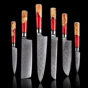 67-Layer VG10 Japanese Damascus Steel 6-Piece Knife Set – Red Resin Handle