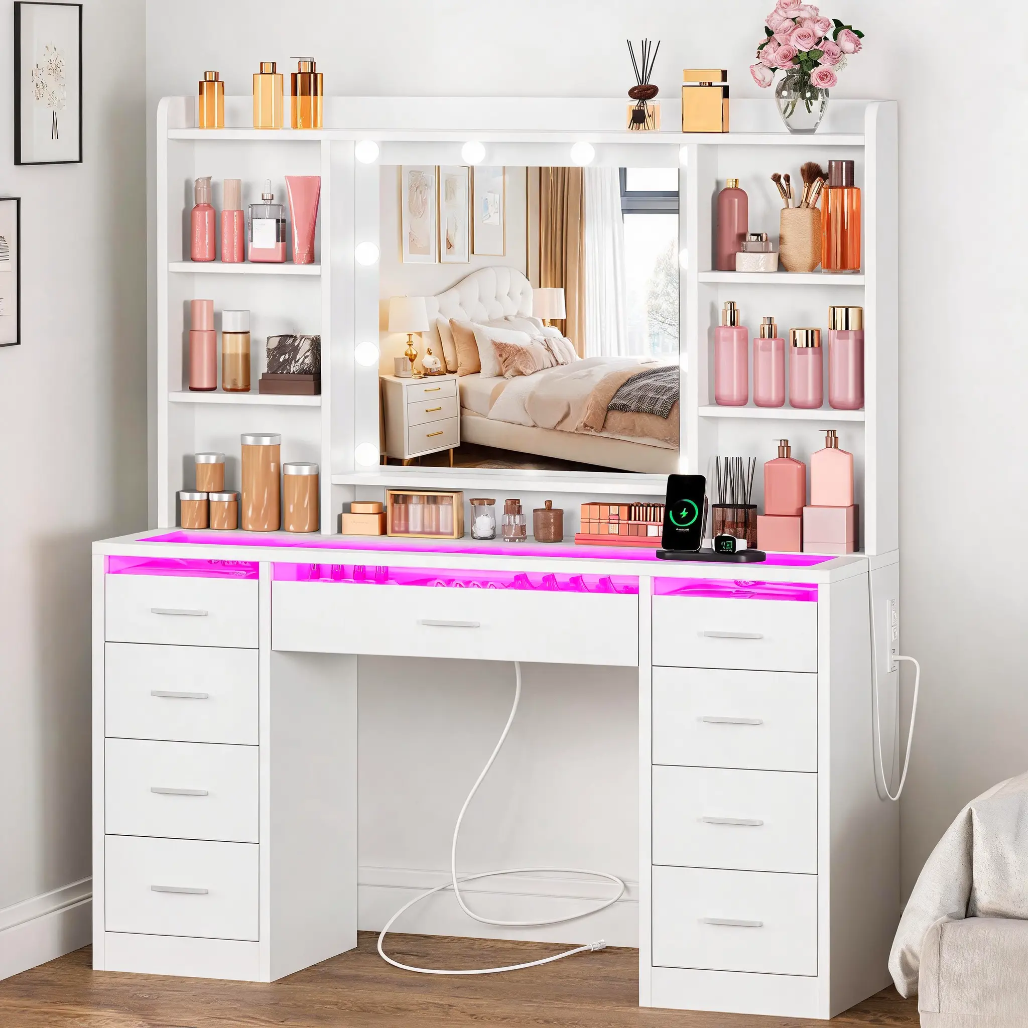 Vanity Desk with Mirror and Lights ,Makeup Vanity Table with Glass Top,9 RGB Drawers,6 Shelves,White Makeup Desk with Power Outlet,Large Dressing Table for Bedroom