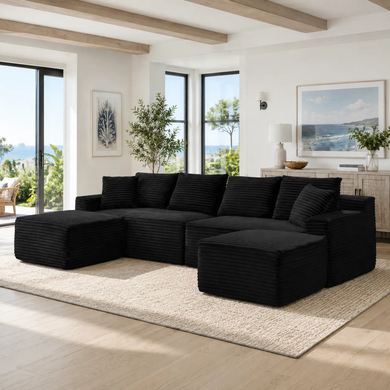 115" Black Corduroy Modular Cloud Sectional Sofa, L-Shape 4-Seater Deep Seat Boneless Couch with 2 Movable Ottomans, Compressed Roll Pack No Assembly, Multi-scene for Relax Reading Chat Living Room Apartment