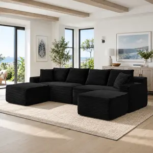 115" Black Corduroy Modular Cloud Sectional Sofa, L-Shape 4-Seater Deep Seat Boneless Couch with 2 Movable Ottomans, Compressed Roll Pack No Assembly, Multi-scene for Relax Reading Chat Living Room Apartment