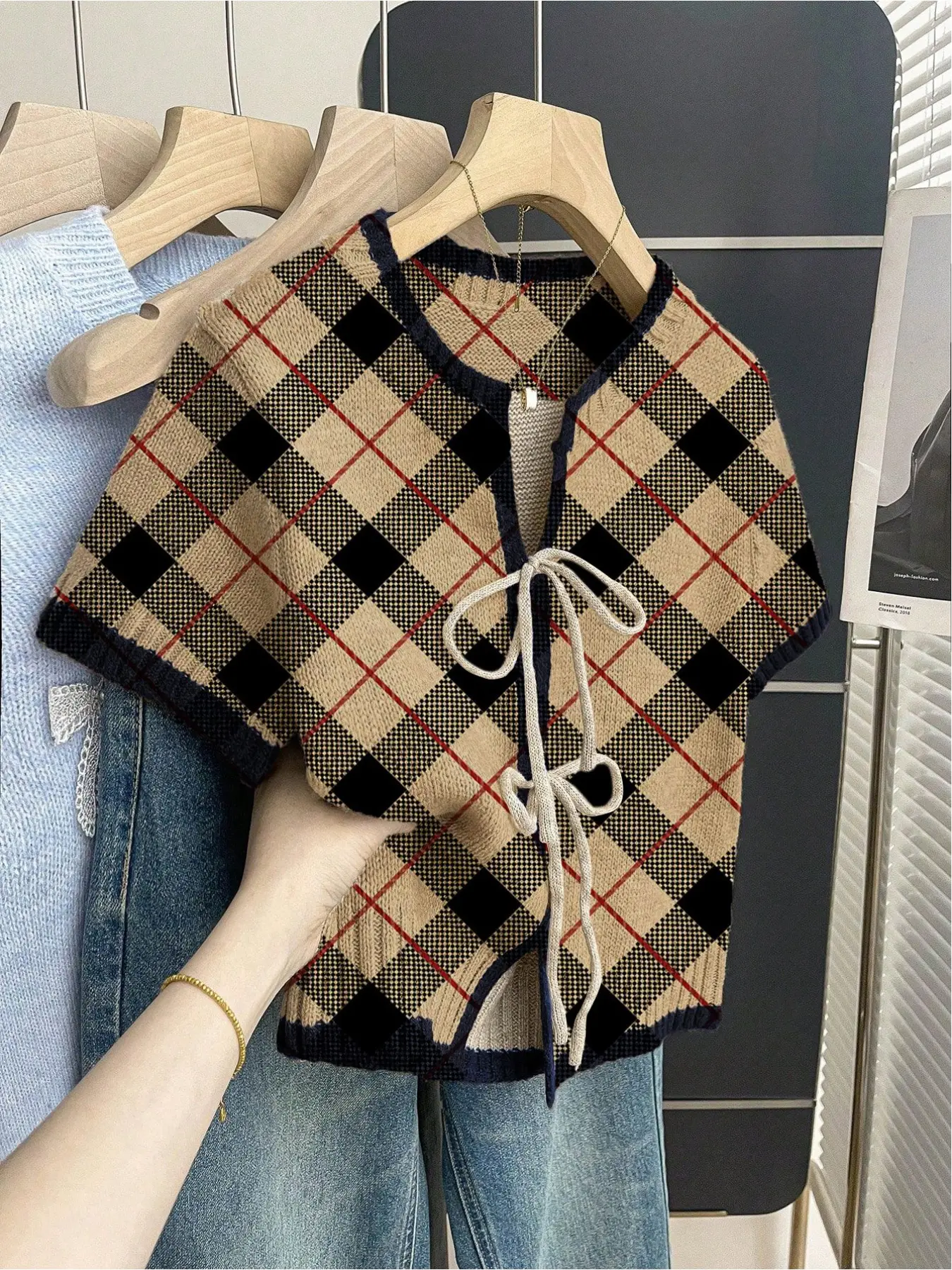 Women's khaki bohemian style vacation short-sleeve knit top. Loose round neck, contrast plaid print, front tie and contrast piping. Comfortable and perfect for spring & summer casual wear. Chic Lady Womenswear
