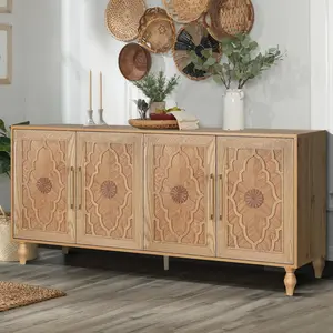 Solid Wood Credenza Sideboard, 63 Inch Storage Buffet Cabinet with Exquisite Carved Doors and Cable Holes, Sturdy Carved Wood Furniture, Practical Entryway Table for Living Room Hallway Home Organization Modern Metal Sliding Rail Dresser