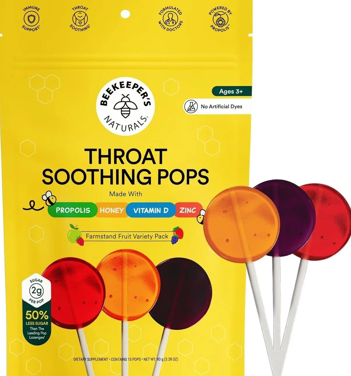 Kids Throat Soothing Lollipops by Beekeeper's Naturals - Doctor Formulated Immune Support, Vitamin D & Honey, Under 2g Sugar, Clean Ingredients,15 ct