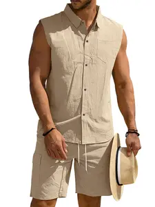 Men's Hawaiian Tropical Vacation Vibe Loose Linen Set, Breathable Summer Sleeveless Shirt and Cargo Shorts, Casual Comfortable for Men