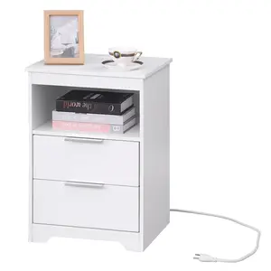 15.7*13.8*22.8 Inch White Nightstand Built-in Charging Station 2 Drawers Open Shelf Particle Board Multifunctional Side End Table for Bedroom Living Room Easy Assembly