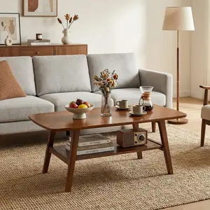 [Bellemave] 39.37" Solid Wood Coffee Table with Storage Shelf |   Mid Century Modern 2-Tier Coffee Table with Rounded Corners for Living Room, Office, Apartment