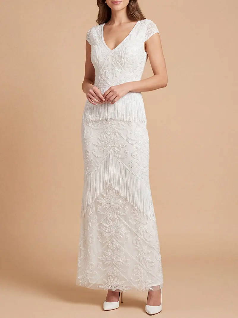 Cap Sleeve Bridal Beaded Gown with Fringe | 51222