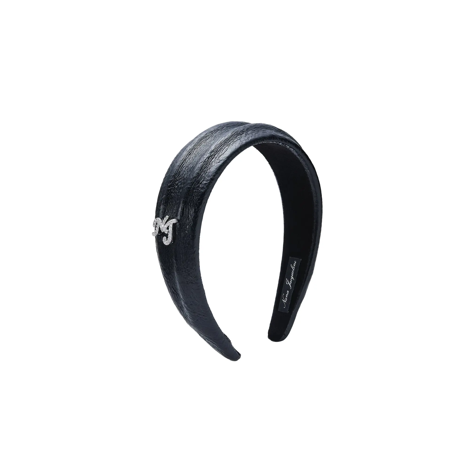 Eugenie Crystal-Detail Black Leather Headband