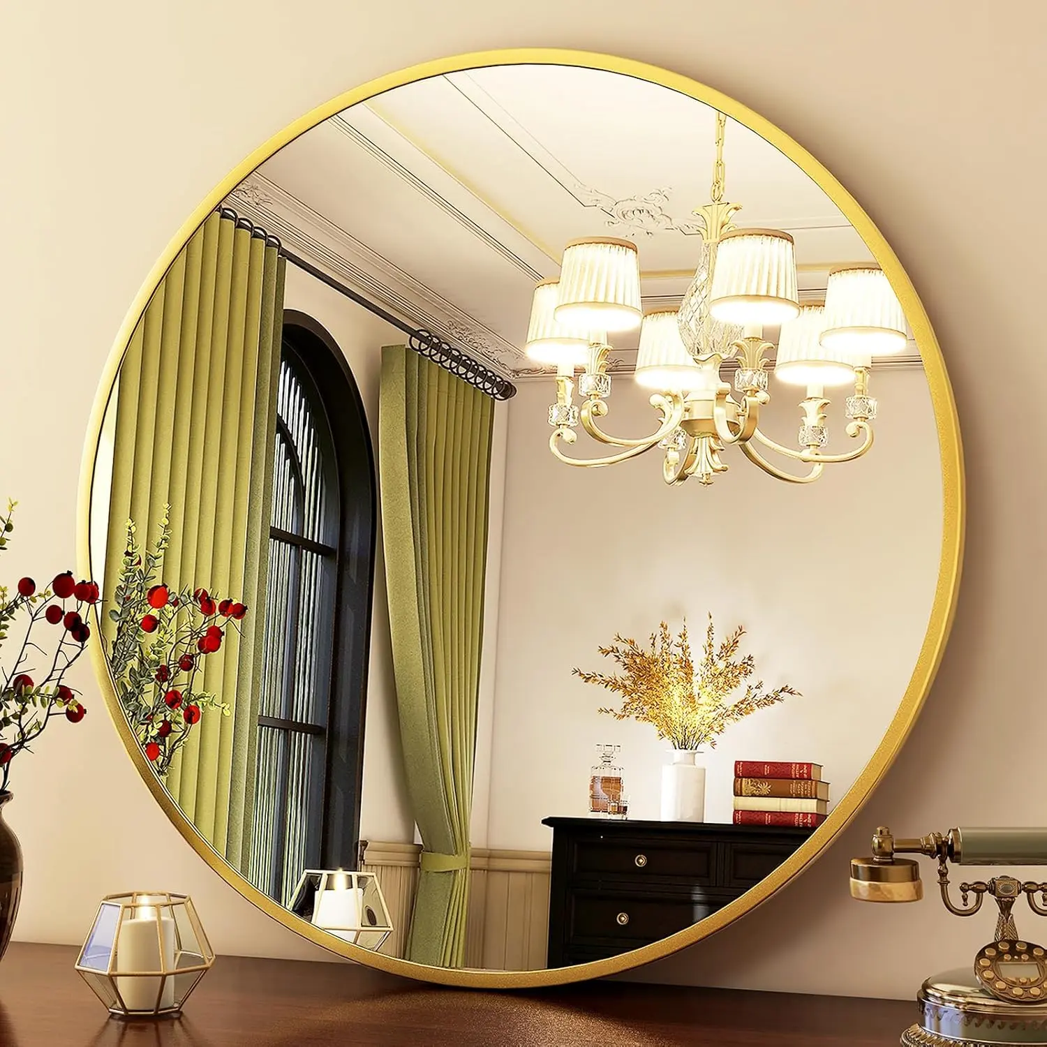 24-Inch Round Classic Modern Home Interior Wall-Mounted Mirror, Brushed Aluminum Alloy Frame, Light Float Glass, for Bathroom Fixtures & Vanity Installation