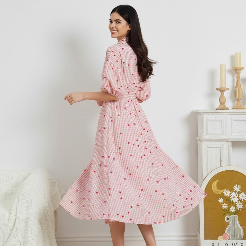 Valentine's Day Women's Pink Plaid Print Button Down Shirt Dress with Belt & Pocket 70% Polyester 30% Cotton Comfortable Maxi Dress