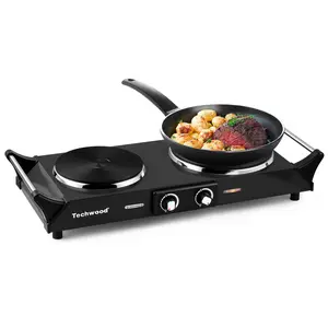 Techwood Hot Plate Electric Double Burner 1800W with Adjustable Temperature & Stay Cool Handles Black Stainless Steel Compatible for All Cookware electric hot plate Portable Stove Cast-Iron Single gestove Induction Countertop Range