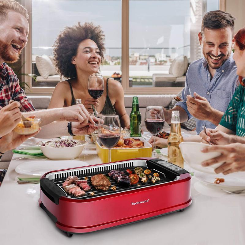 Techwood Indoor Smokeless Grill 1500W Electric BBQ with Temperature Control Korean Grill Removable Non-Stick Plates Tempered Glass Lid Red grill rack electric mini
