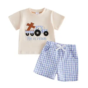 Babamoon 2Pcs Toddler Baby Boy Easter Outfits Short Sleeve He is Risen Cross Truck Embroidery T-Shirt Tops Shorts Set Kids Boys Clothes 6M-4Years