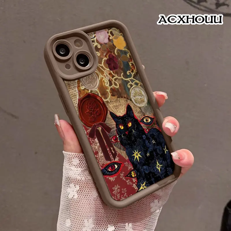 Occult Black Cat Collage Art Soft TPU Silicone Bumper Phone Case - Shockproof, Drop-Protected Accessories for iPhone 17,16 E Pro Max,15 Plus,14,13,12,11,XS,XR Smartphones, Handheld Cellphone Devices