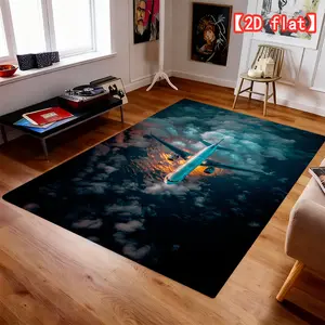 2D fiat Airplane flying through clouds at sunset, flannel area rug, suitable for living room/bedroom/hall/office/game room, cozy home, affordable price, multiple sizes available