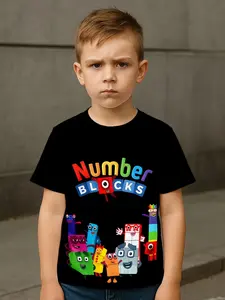 Trendy Kids Math ! Numberblocks Colorful Digit Print Short Sleeve Shirt, Casual Fitted Long Clothing, No Zipper & Collar