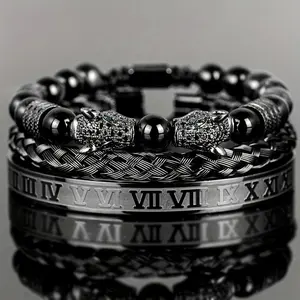 3PCSMen'sAdvancedBlackAgateBeadBraceletSet-DoubleLeopardHead,RomanNumerals,AdjustableWeavingDesign-FashionableandSimpleNeutralFashionAccessories,GiftforBoyfriend,Father,PerfectBirthdayGift,FestivalGift,ShippingGiftB