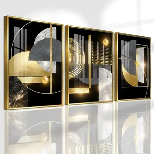 3 Counts Aluminum Alloy Framed Painting, Geometric Gold & Black Abstract Art Pictures, Modern Abstract Design, Home Decoration For Living Room, Bedroom, Office, Restaurant, Hallway, Odorless Print Artwork, Luxury Gift For Friends And Family