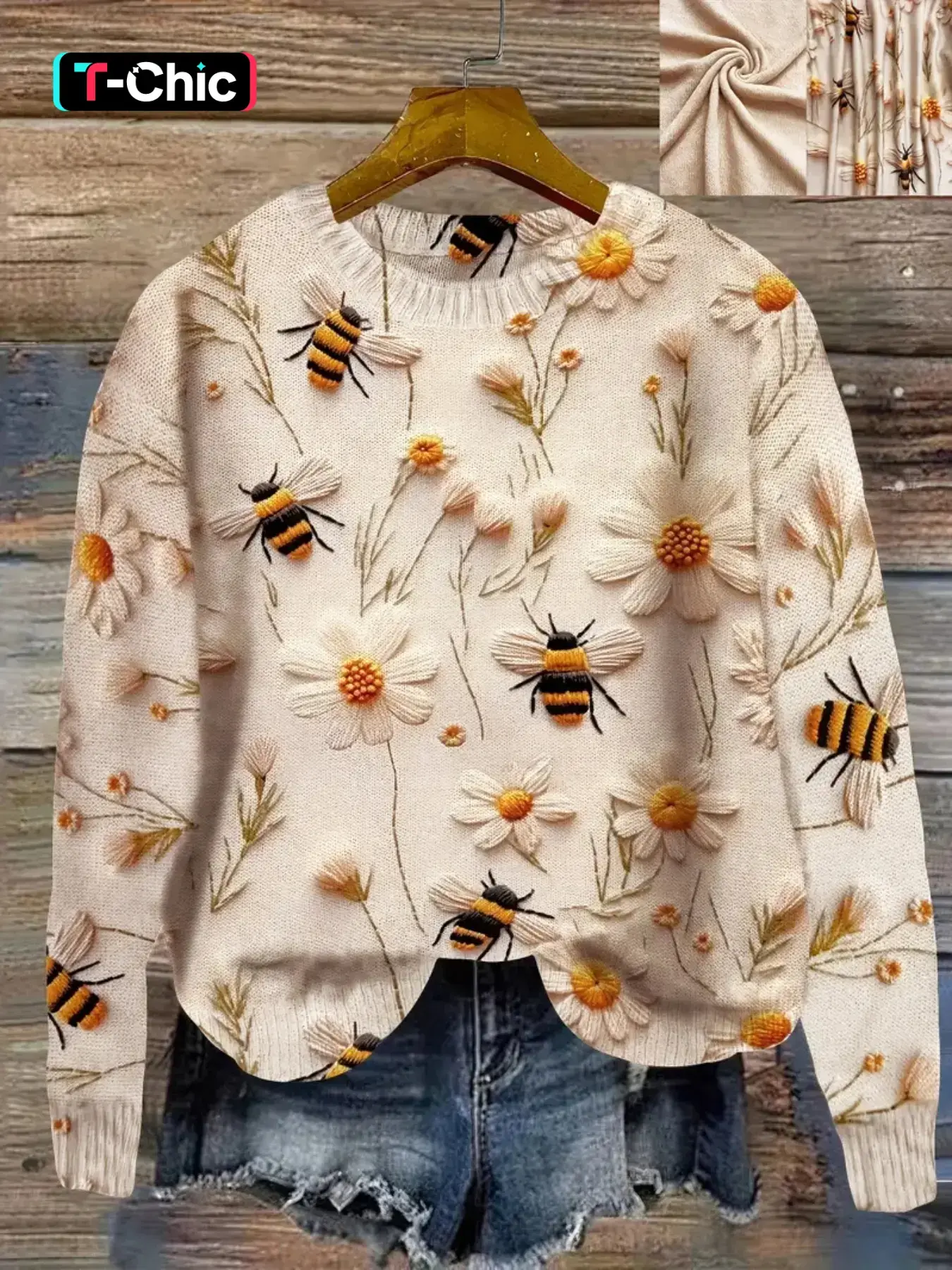 Women's Casual Loose-Fit Sweater Tops, Round Neck Long Sleeve Knitted Pullover, 3D Digital Print Bee Floral Design, Spring & Fall Fashion, Knitwear